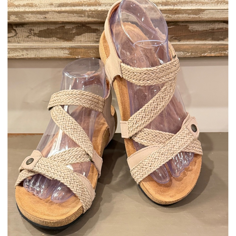Taos Trulie Stone Leather Woven Strappy Wedge Sandals Womens 7-7.5 EUR 38 Spain